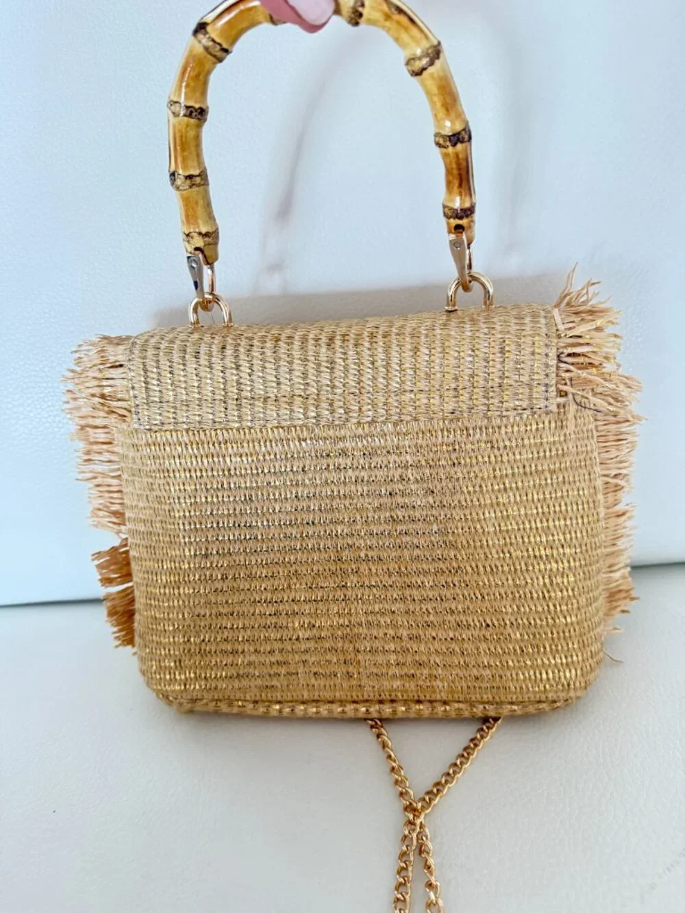 Tommy Bahama Gold Straw Crossbody Bag with Bamboo Handle - Picture 2 of 5
